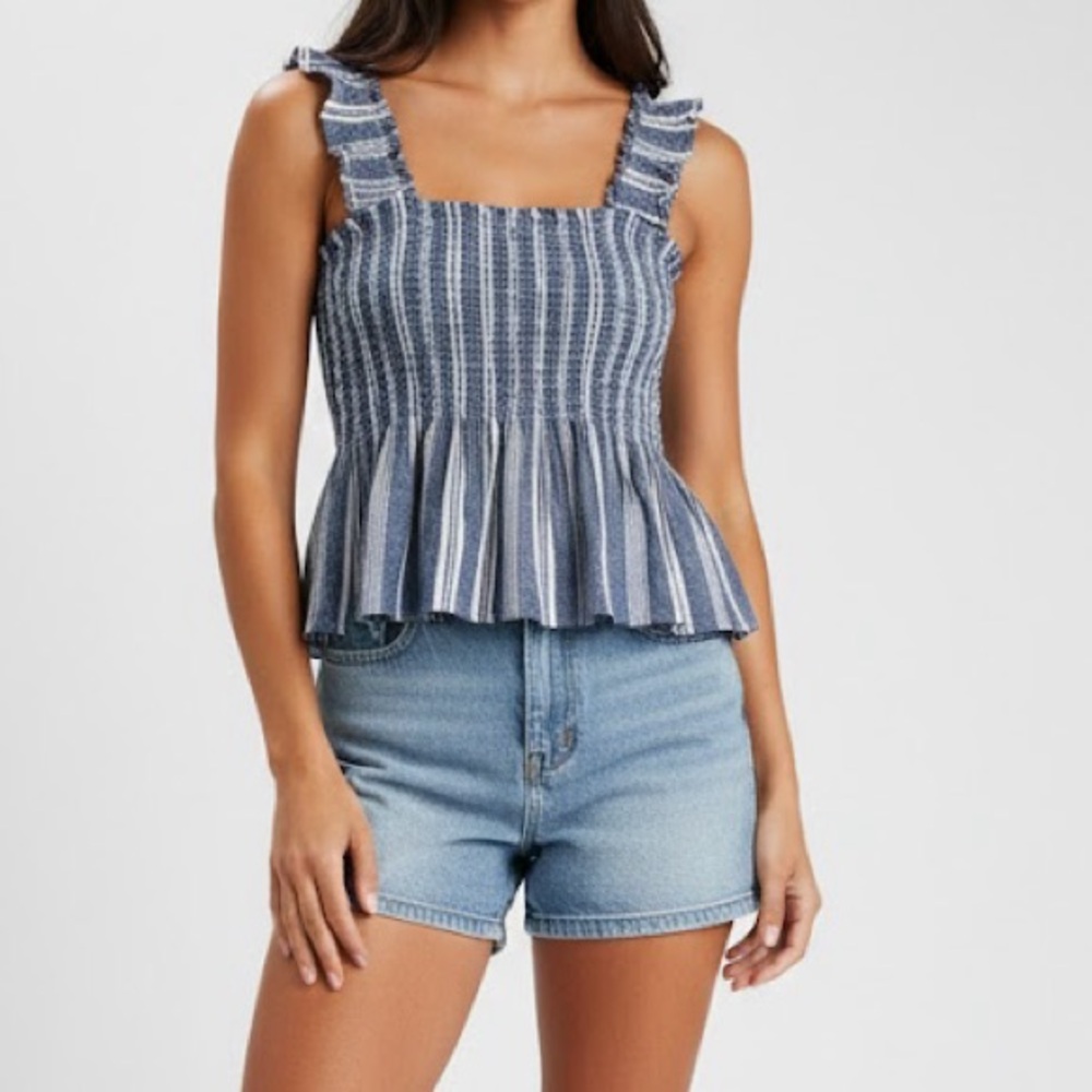 Anthropologie x Maeve Blue Striped Linen Blend Smocked Ruffle Tank XS